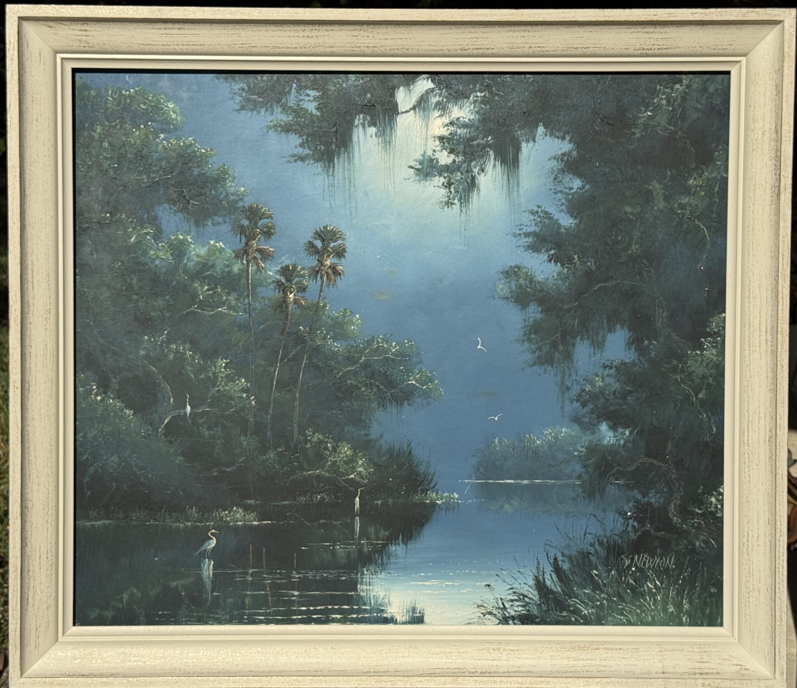 Sam Newton…Moonlit night river scene with bright blues hues